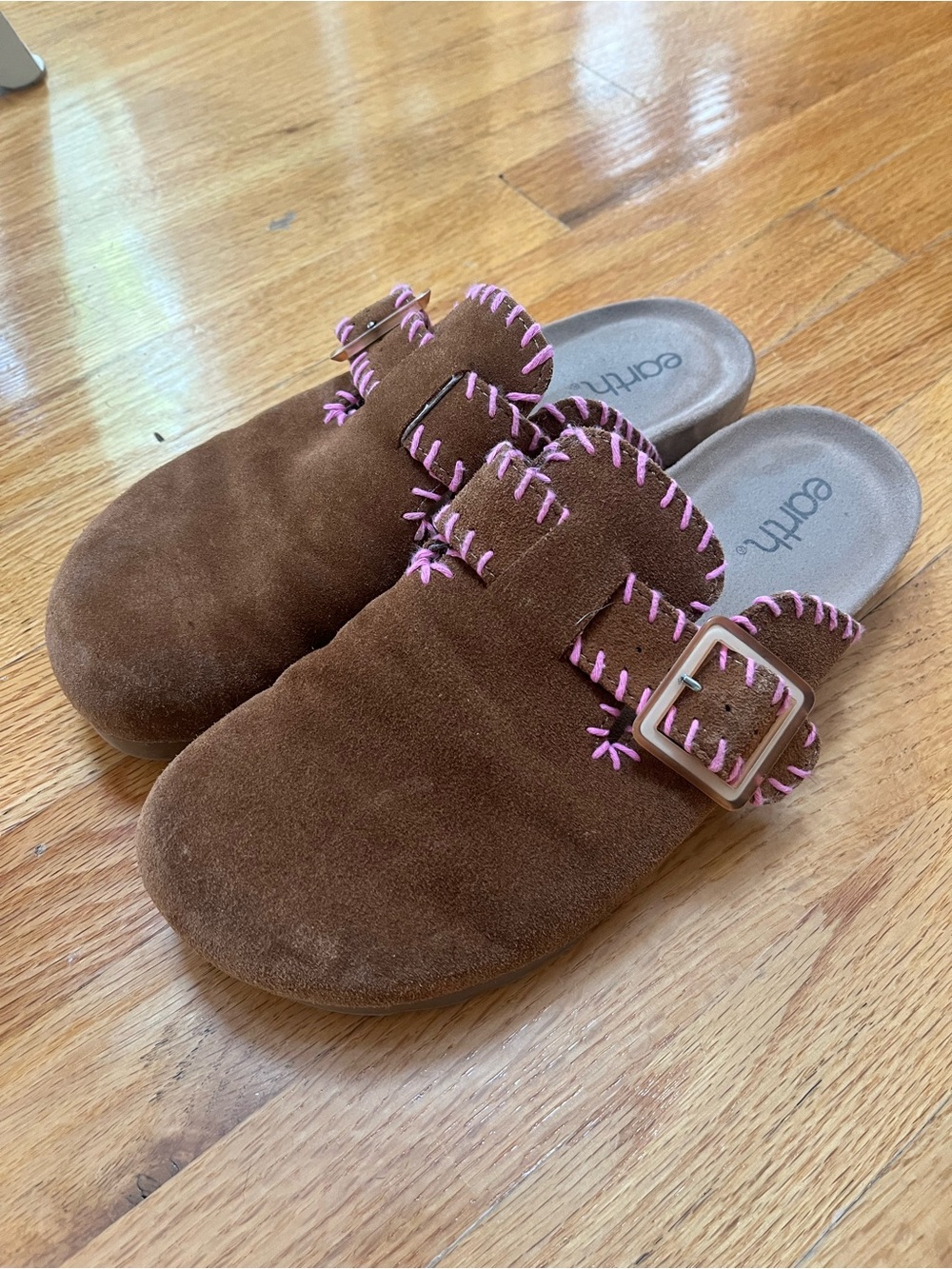 Earth Brown Suede Mules with Pink Stitching